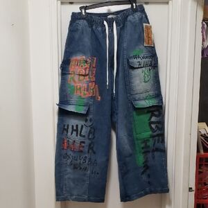 Women's Blue Graffiti Wide Leg Jeans
